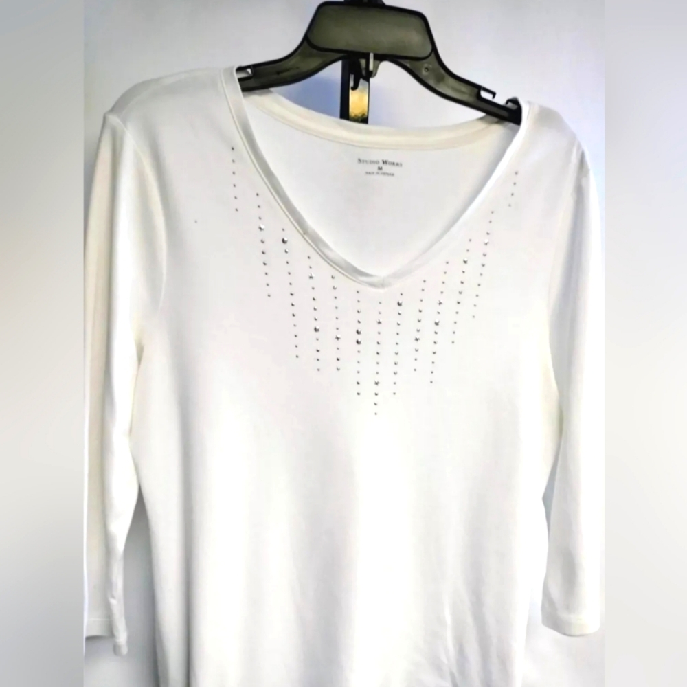 Studio Works 3/4 Sleeve White Cotton Tee Silver Studs Detal Size M